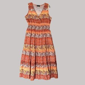 Shoreline Babydoll Midi Dress Womens Small Feminine Tropical Beach Tiered Summer